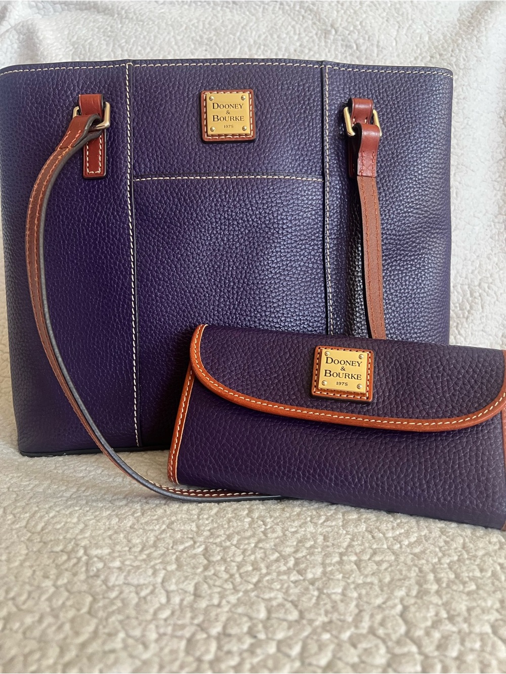 Dooney & Bourke Purple Pebble Leather Tote and Wallet with Brown Trim
